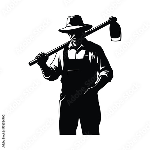 Farmer with hat and overalls carrying a pitchfork and lantern, vintage illustration style