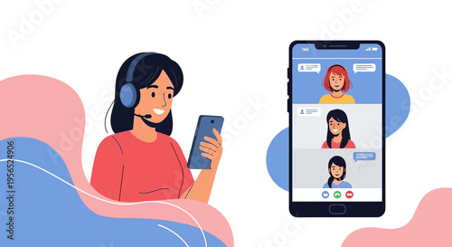 Virtual collaboration displayed through a headset and a phone with video conference visuals