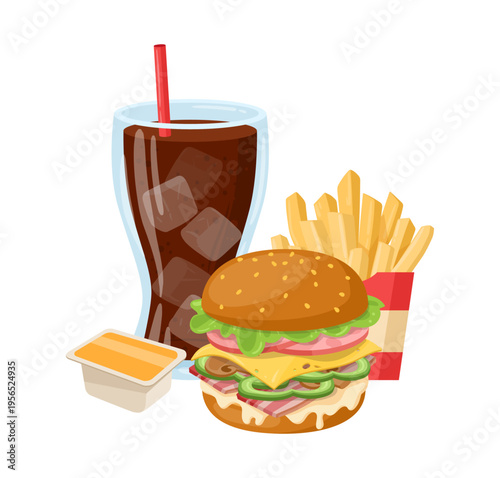 Fast food meal. Cartoon cheeseburger, french fries and cola, junk food menu, burger with cheese and fried potatoes flat vector illustration. Takeaway food set