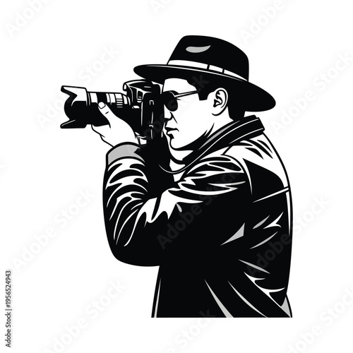 Vintage illustration of a man in a hat and coat, holding and looking through an old movie camera