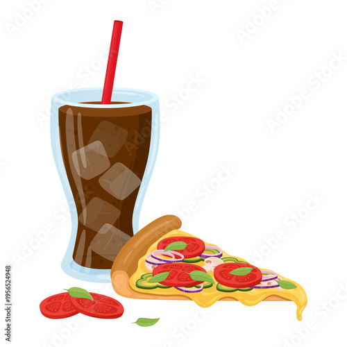 Fast food set. Cartoon pizza and cola, junk food menu, pizza with cheese and tomatoes flat vector illustration. Takeaway fast food meal