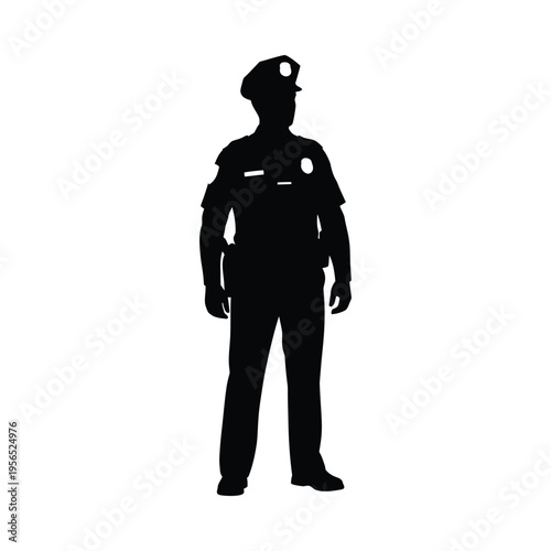 Silhouette of a police officer standing in uniform, full body shot against a white background
