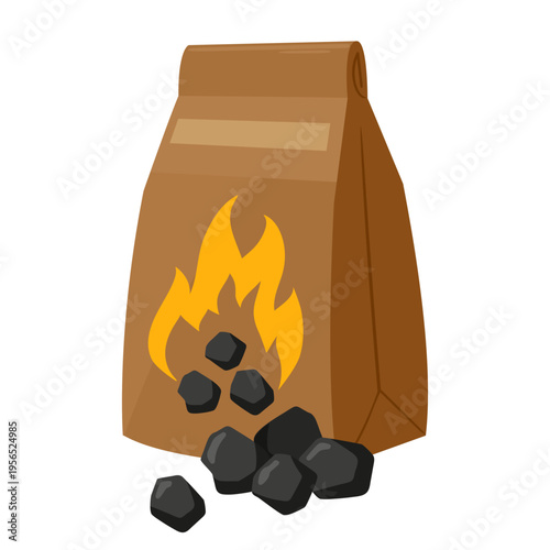 Grill charcoal sack. Cartoon barbecue coal bag, woods travel, camping and hiking grill coals flat vector illustration. Picnic campfire lighter isolated on white