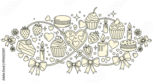 Whimsical bakery sweet treats illustration in elegant line art with soft beige and cream colors on white background for Valentines Day or wedding stationery
