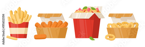 Junk fast food. French fries, mozzarella cheese sticks, crispy nuggets and fried onion rings, takeaway restaurant food flat vector illustration set. Cartoon tasty junk snacks isolated on white