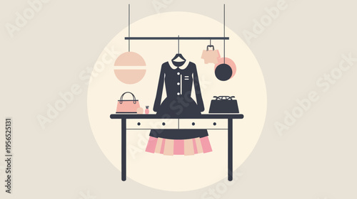 Fashion illustration dress and accessories displayed on a table vector graphic