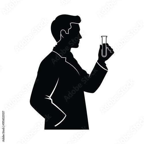Silhouette of a scientist in a lab coat holding a test tube, conducting research in a laboratory setting.