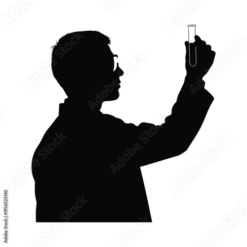 Silhouette of a scientist in glasses holding a test tube, conducting a laboratory experiment, serious mood.