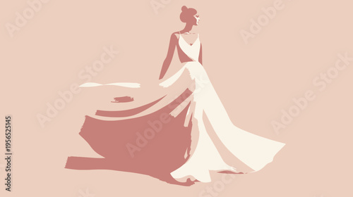 Elegant woman in flowing white dress minimalist vector illustration copy space