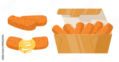 Mozzarella cheese sticks. Deep-fried fast food crispy snack, delicious melted cheese, takeaway restaurant food flat vector illustration set. Cartoon junk fast food on white