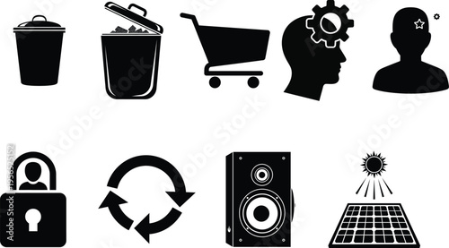 Collection of black and white icons representing various concepts