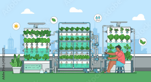 Urban farming innovation featuring hydroponic systems and rooftop garden with modern technology