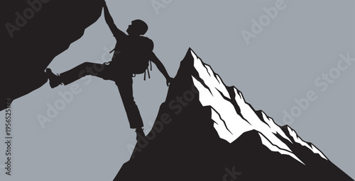 Silhouette of a male rock climber ascending a steep mountain peak, showcasing adventure and challenge.