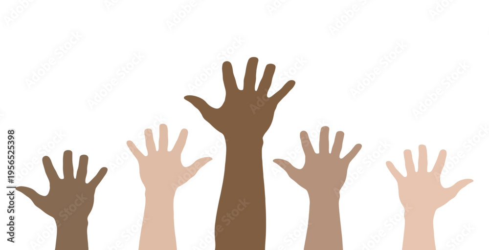 Fototapeta premium Diverse group of raised hands showing unity and support on a white background, representing community and equality.