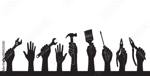 Silhouettes of hands holding various tools, symbolizing labor and industry.