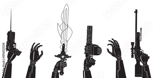Set of human hands and robot hands holding various futuristic weapons, including a pistol, a sword, and a sniper rifle, in a black and white vector illustration.