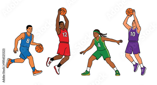 Four basketball players in action preparing to shoot or dribbling