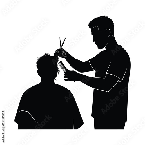 Silhouette of a barber cutting hair in a salon, professional grooming service in progress