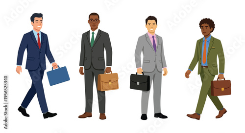 Four diverse businessmen walking forward each carrying a briefcase