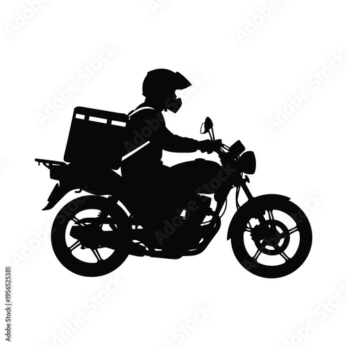 Silhouette of a delivery person riding a motorcycle with a large cargo box, dynamic motion