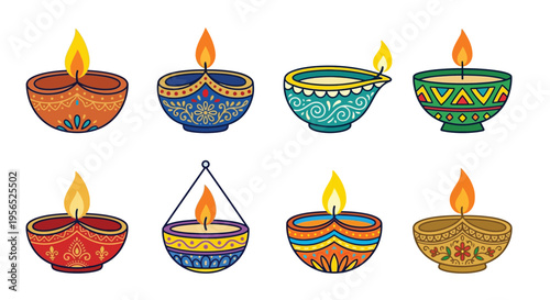 Colorful diya lamps with flickering flames traditional indian oil lamps