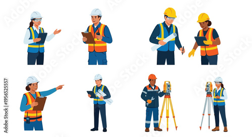 Diverse group of construction workers and engineers collaborating on projects