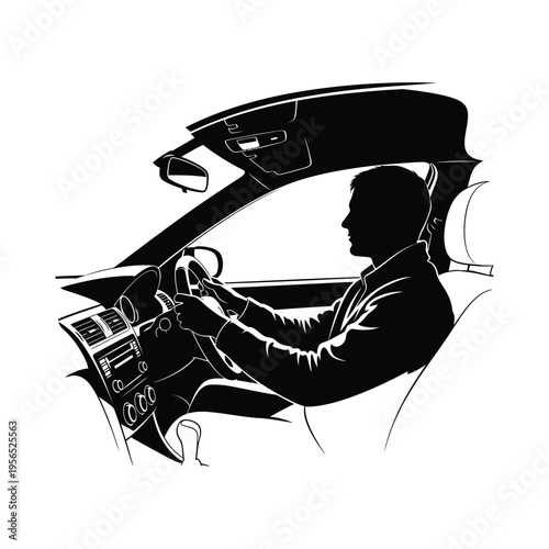 Silhouette of a man driving a car, focused on the road ahead in a minimalist black and white illustration.