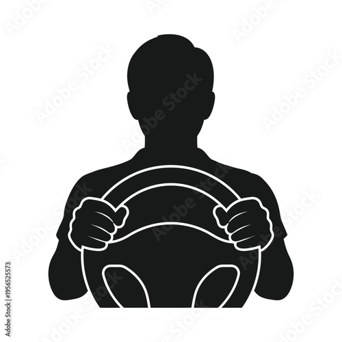 Silhouette of a person driving a car, holding the steering wheel, black and white illustration