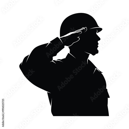 Silhouette of a soldier in uniform saluting, standing in a respectful and honorable military pose