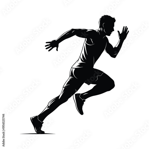 Silhouette of a runner in mid-stride, conveying motion, athleticism, and determination against a stark white background