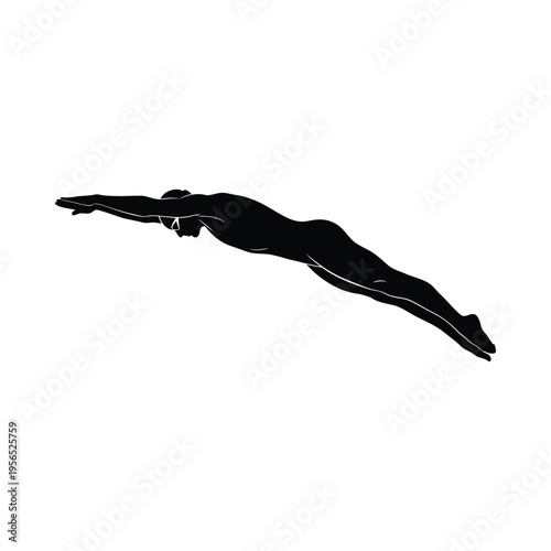 Silhouette of a swimmer in mid-dive, captured in black and white, conveying motion and athleticism