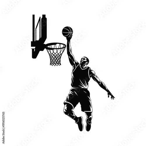 Silhouette of a basketball player in mid-dunk, dynamic action shot with intense focus and athleticism