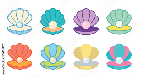 Colorful cartoon seashells arranged in two rows on a white background
