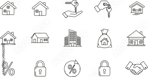 set of minimalist real estate and security line icons for business and home concepts