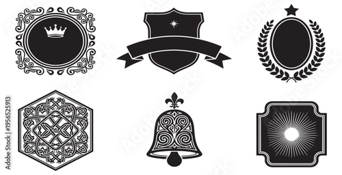 Set of six ornate black and white vector design elements, including crests, frames, and a bell, suitable for various decorative purposes.