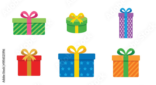 Colorful gift boxes with ribbons arranged in two rows