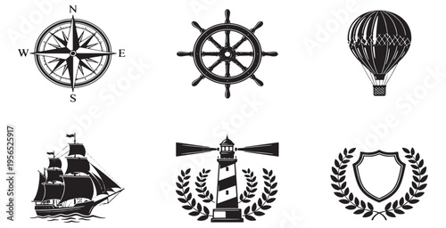 Set of vintage nautical and travel-related icons including a compass, ship wheel, hot air balloon, sailing ship, lighthouse, and crest.