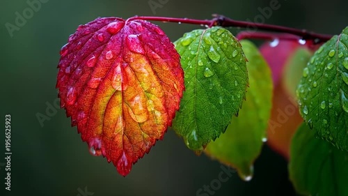 Vibrant leaves with water droplets display colorful autumn transition