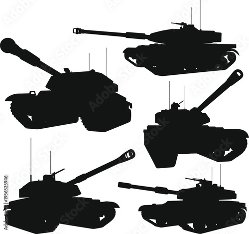 Military Tank Silhouette Collection Featuring Heavy Armored Vehicles, Battle Tanks with Cannons, Tactical Combat War Machines, Defense Artillery, and Ground Forces