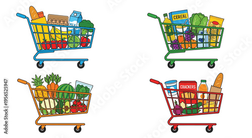 Colorful illustration of shopping carts filled with various grocery items