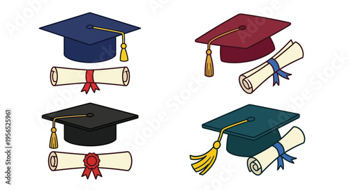 Four graduation caps and diplomas illustrated in vibrant colors