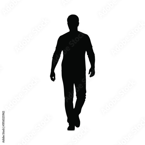 Silhouette of a man walking alone in a minimalist white background, evoking solitude and contemplation.