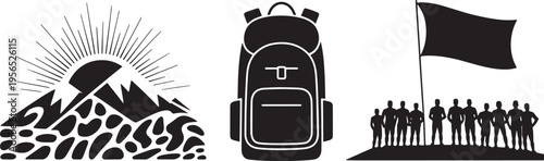 Silhouette graphic of a sunburst, a tall tower, and a crowd with a flag, symbolizing protest or