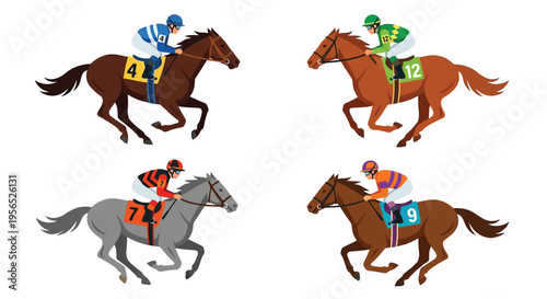 Four cartoon racehorses with jockeys galloping in a competition