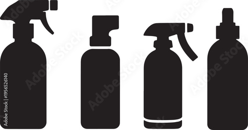 Silhouette vector illustration of various spray bottles for cleaning, hair care, and cosmetics.
