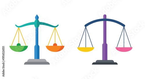 Two colorful scales representing balance and justice side by side