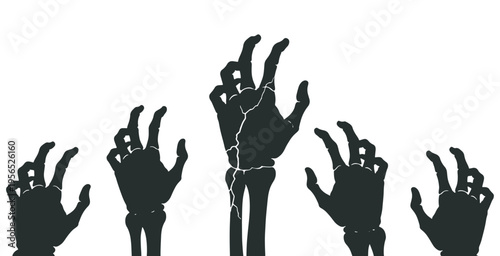 Silhouettes of five spooky skeleton hands reaching up from below, isolated on a white background, perfect for Halloween designs and horror themes.