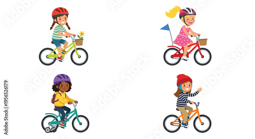 Four smiling children riding bicycles with baskets and wearing helmets