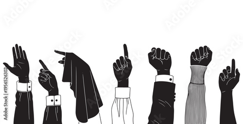Diverse group of hands raised in various gestures, symbolizing unity, protest, and communication in a black and white illustration.
