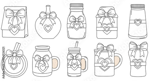 Set of line drawings of gift jars and mugs with bows and hearts in minimalist style for Valentines Day